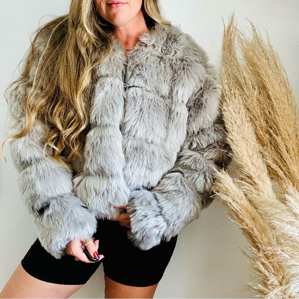 LANSHIFEI Grey Gray Soft Y2K Retro Vintage Faux Fur Stripe Boxy Coat Jacket XXXL